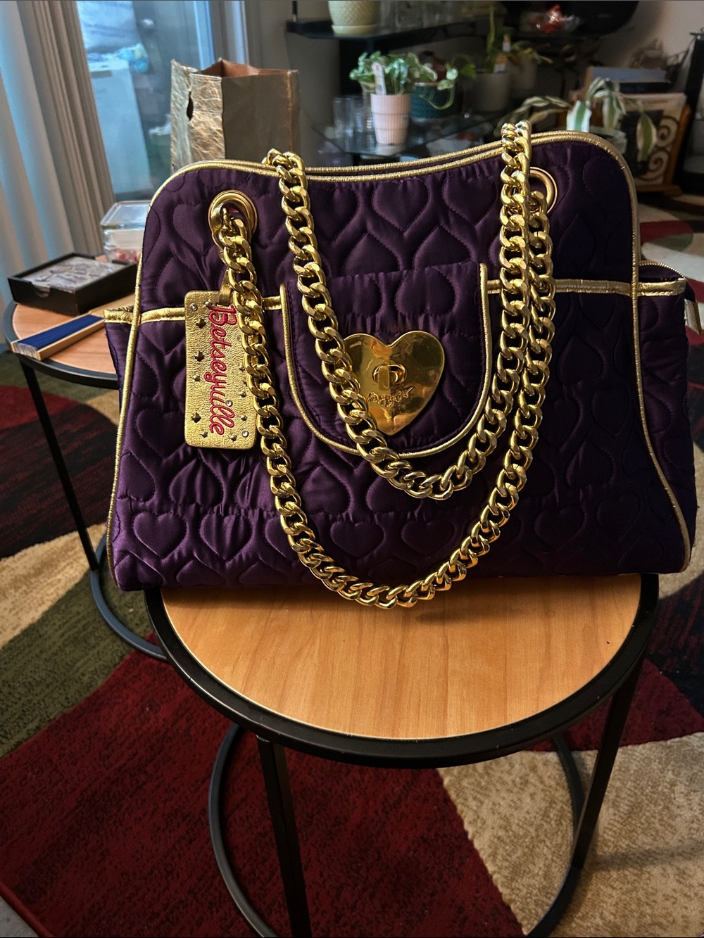 Betsey Johnson Purple Quilted Heart-Accent Shoulder Bag with Gold Chains